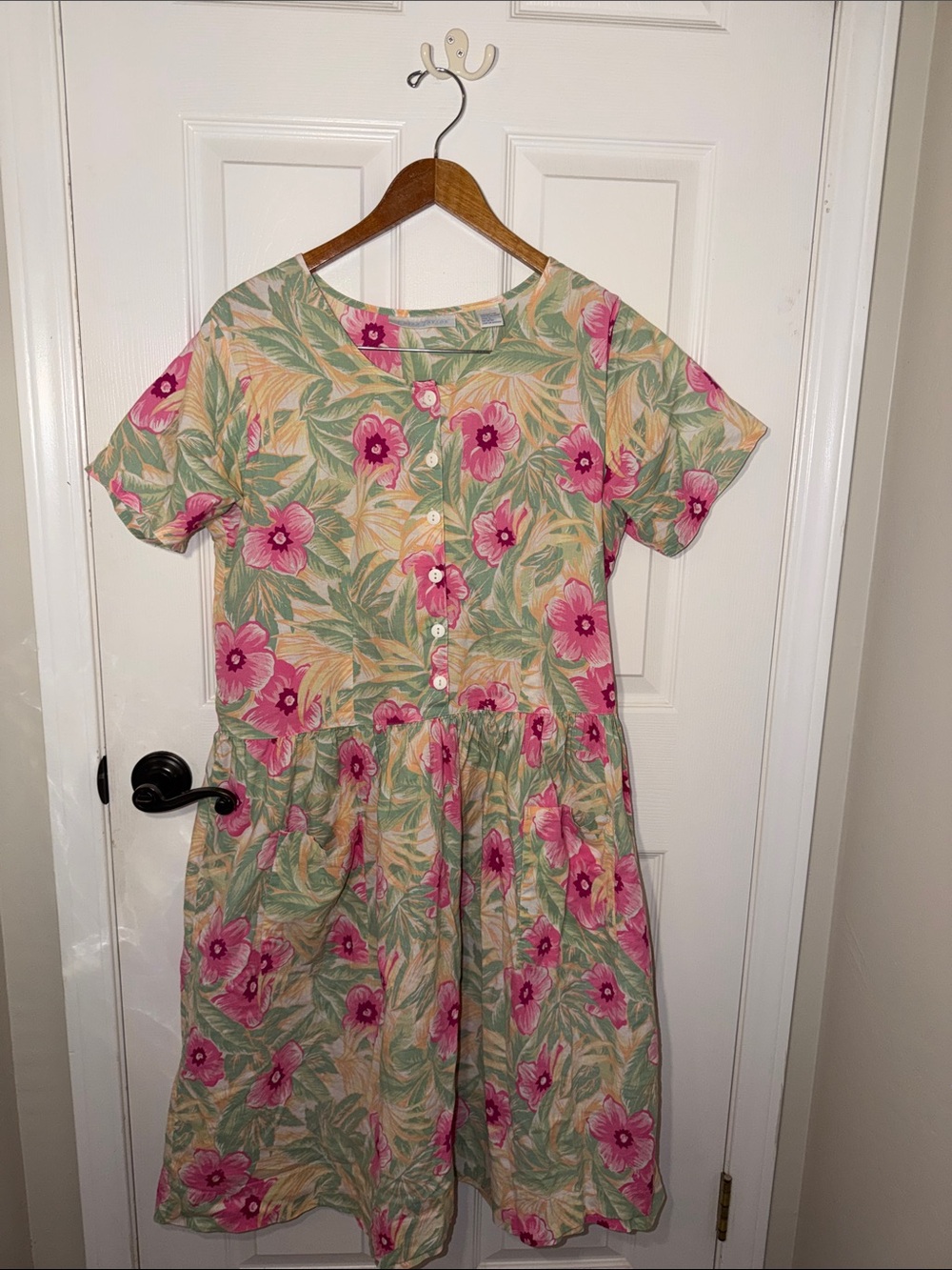 Pink and Green Floral Button-Front Casual Dress